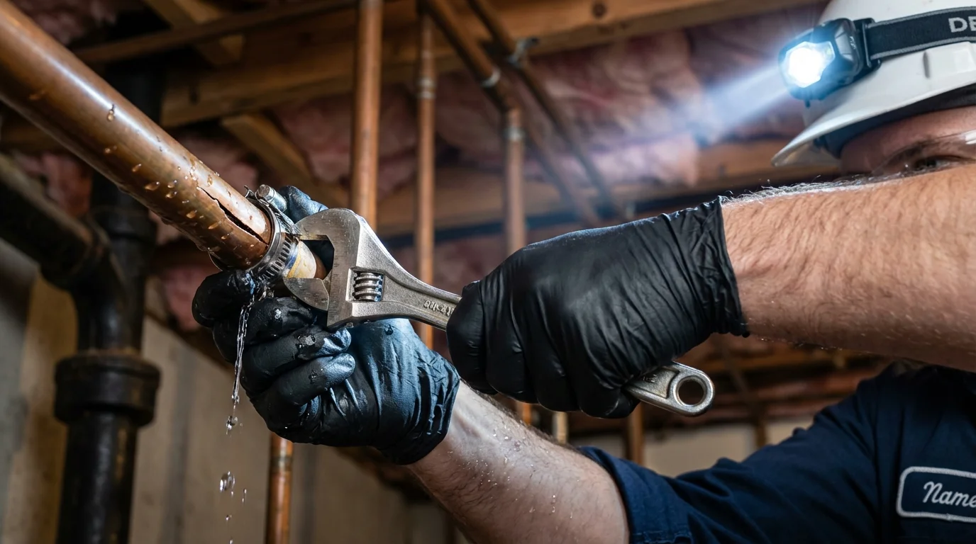Emergency pipe clamp repair being performed by a Johns Plumbing LLC plumber in Elizabeth