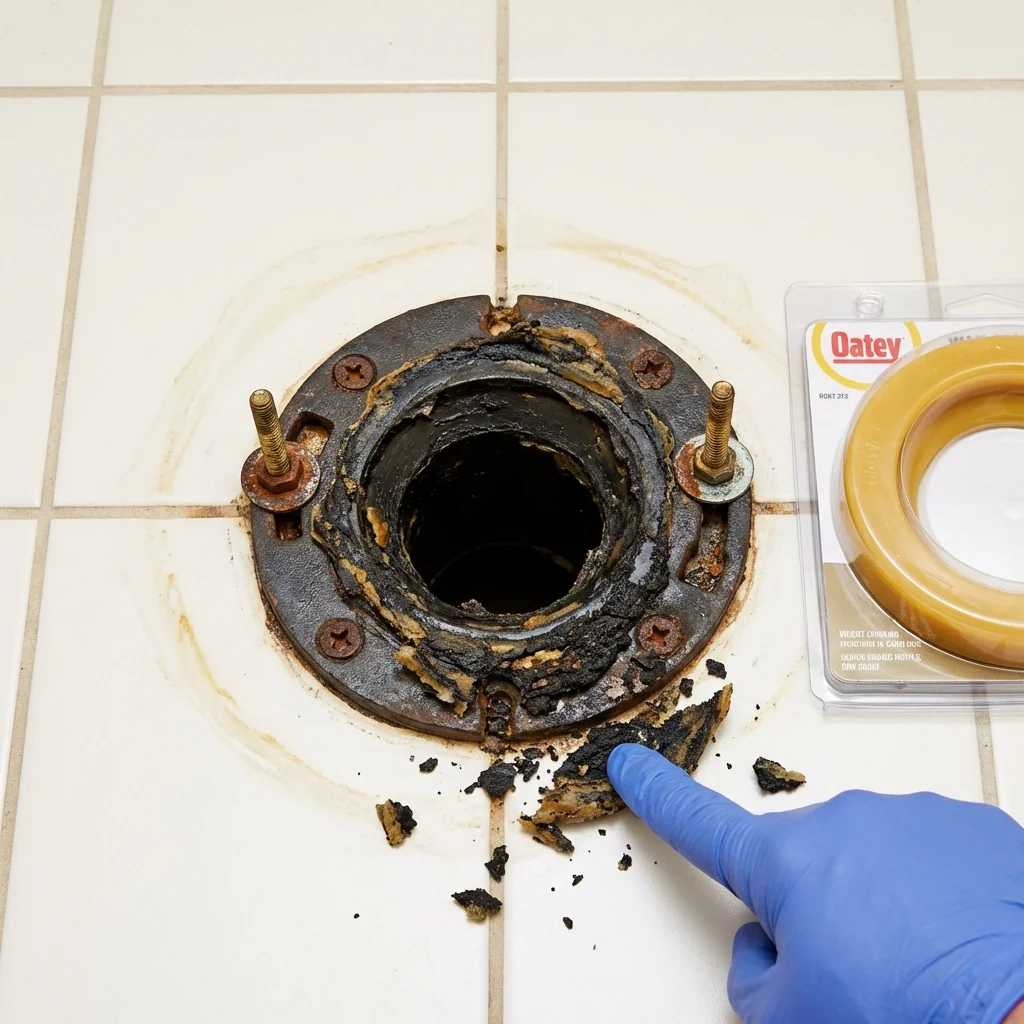 Failed wax ring showing water seepage at the base of a toilet in a Elizabeth, CO home
