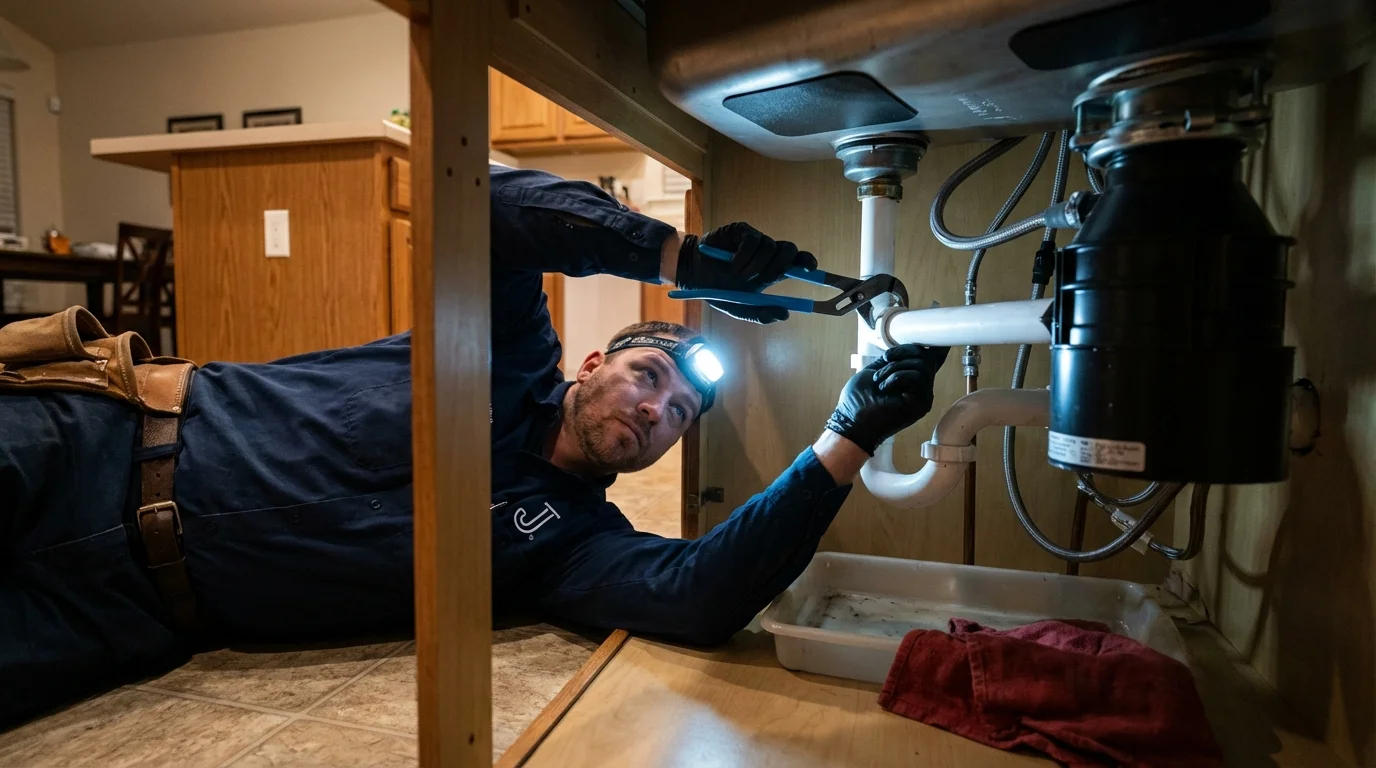 P-trap and supply line connections under a kitchen sink showing a common leak point in Elizabeth, CO